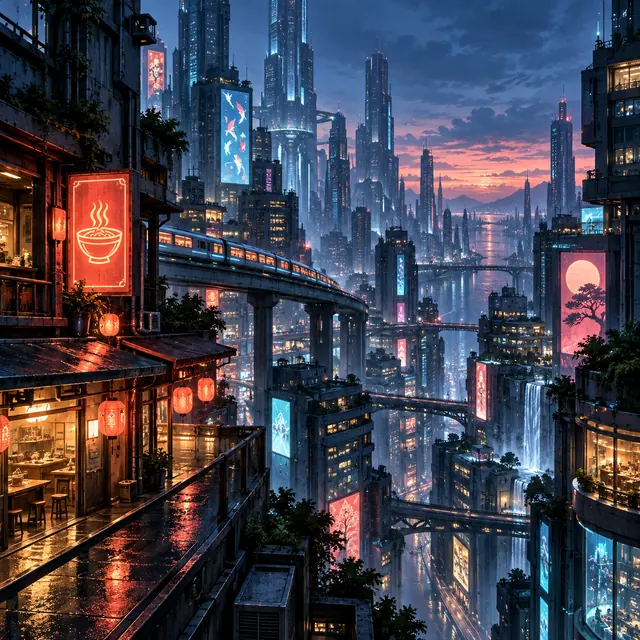 Original illustration of a layered neon city district at blue hour