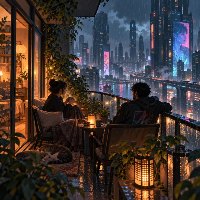 Original illustration of a quiet apartment balcony above the city