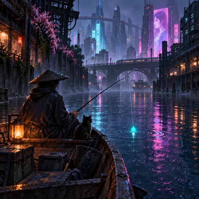 Original illustration of a small boat fishing on a neon canal
